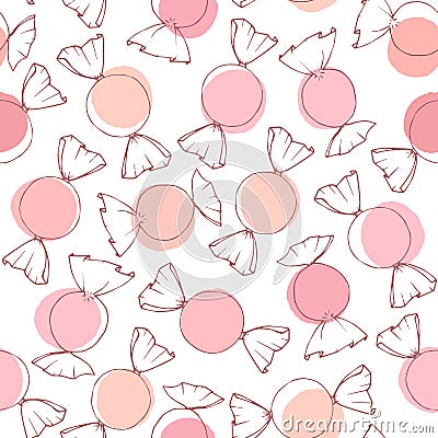 Hand drawn vector candy outline with pink and peach circles seamless pattern on the white background. Vector Illustration